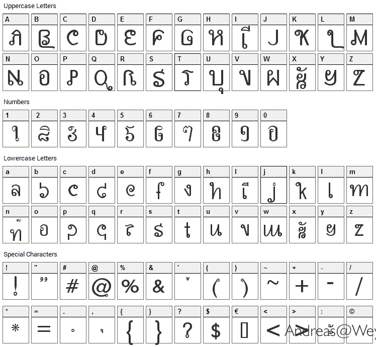 AW Siam English not Thai Font Character Map