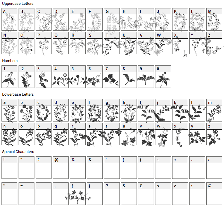 Azalleia Ornaments Font Character Map