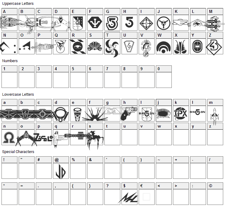 B5 Symbols Font Character Map
