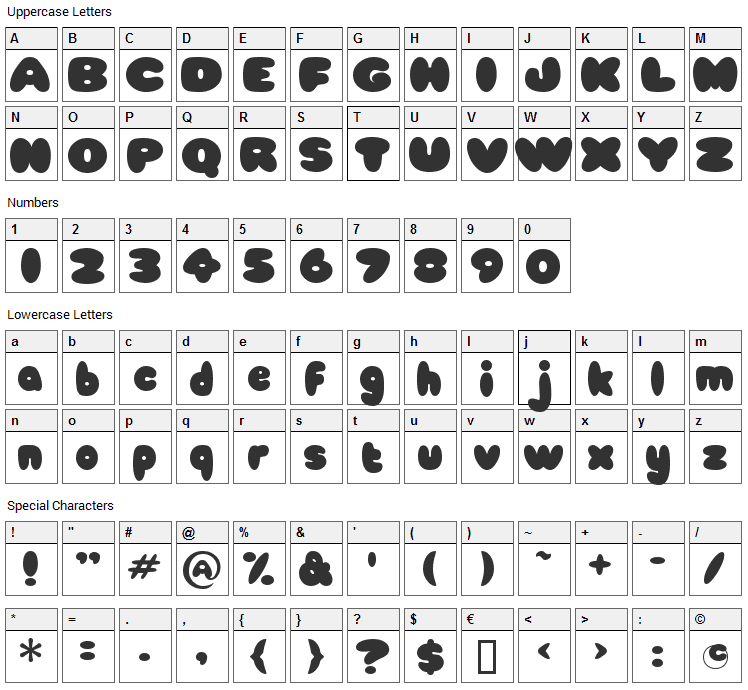 Babycakes Font Character Map