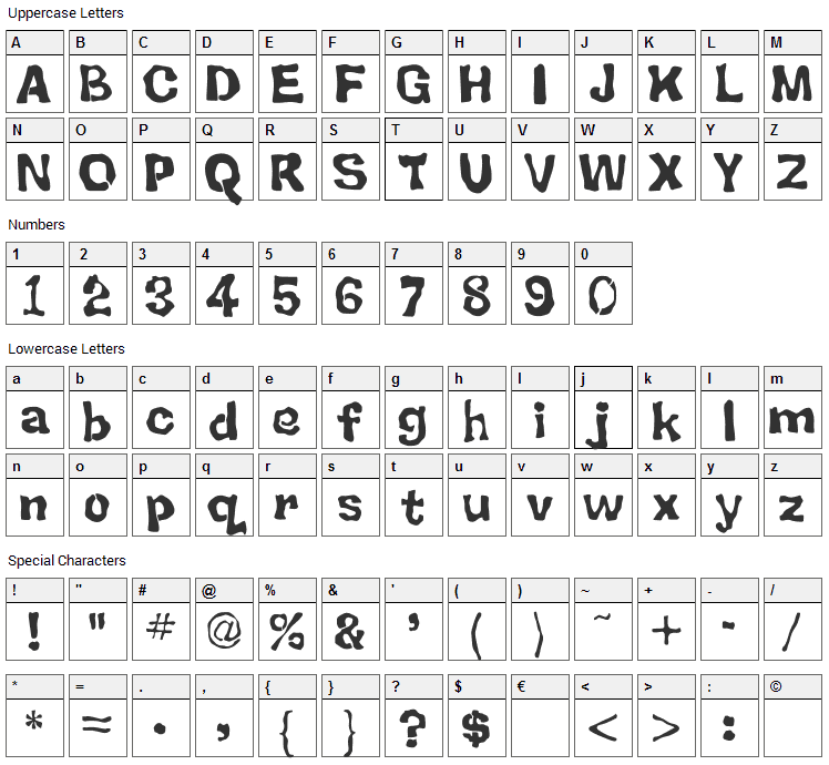 BackSplatter Font Character Map