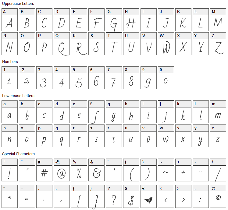 Bad Script Font Character Map