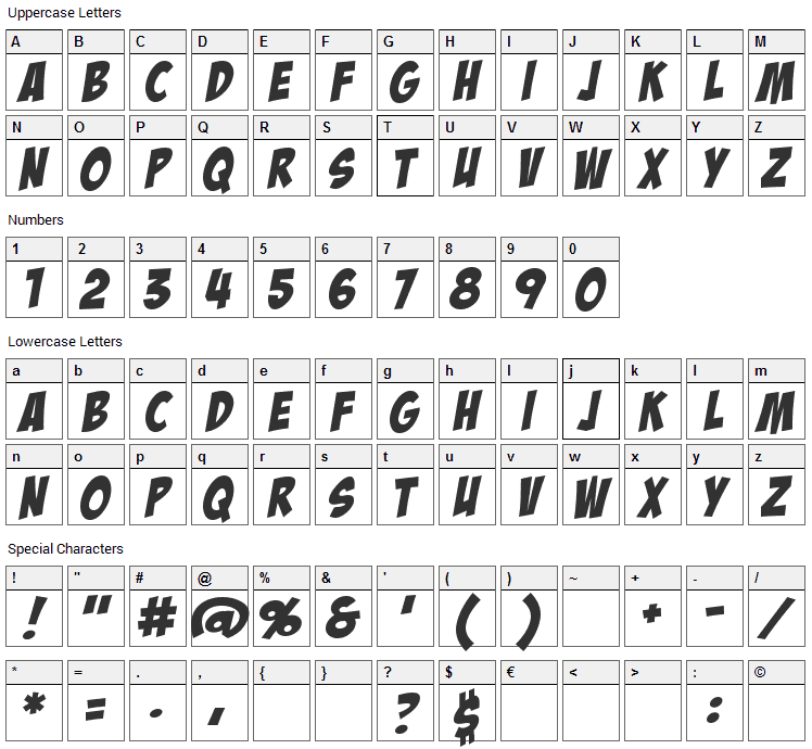 Badaboom Font Character Map