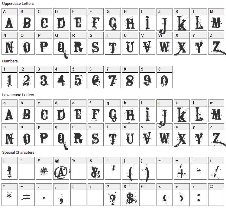 Bagpack Font Character Map