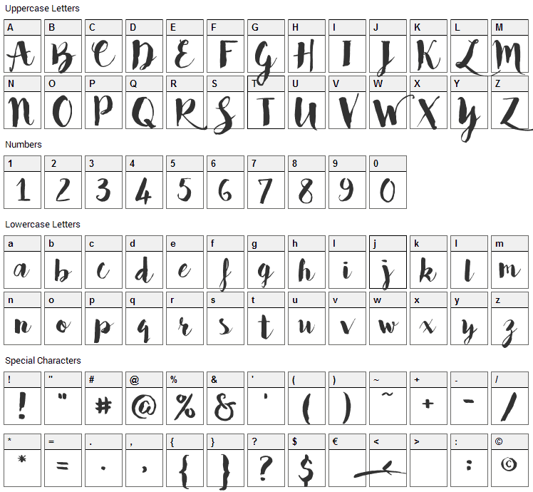 Bakery Font Character Map