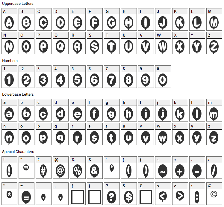 Balloons Font Character Map