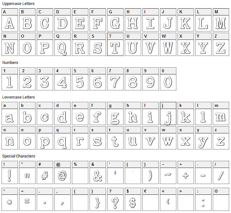 Baltimore Typewriter Beveled Font Character Map