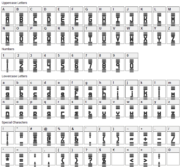 Bandwidth Font Character Map