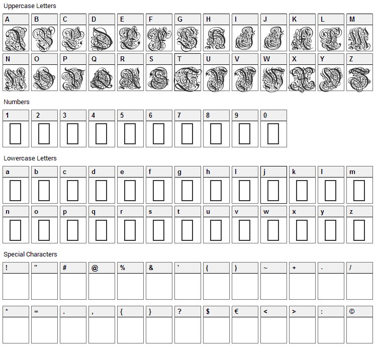 Barock Font Character Map
