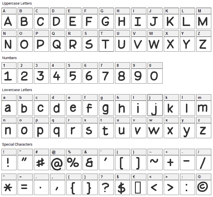 Basic Comical Font Character Map