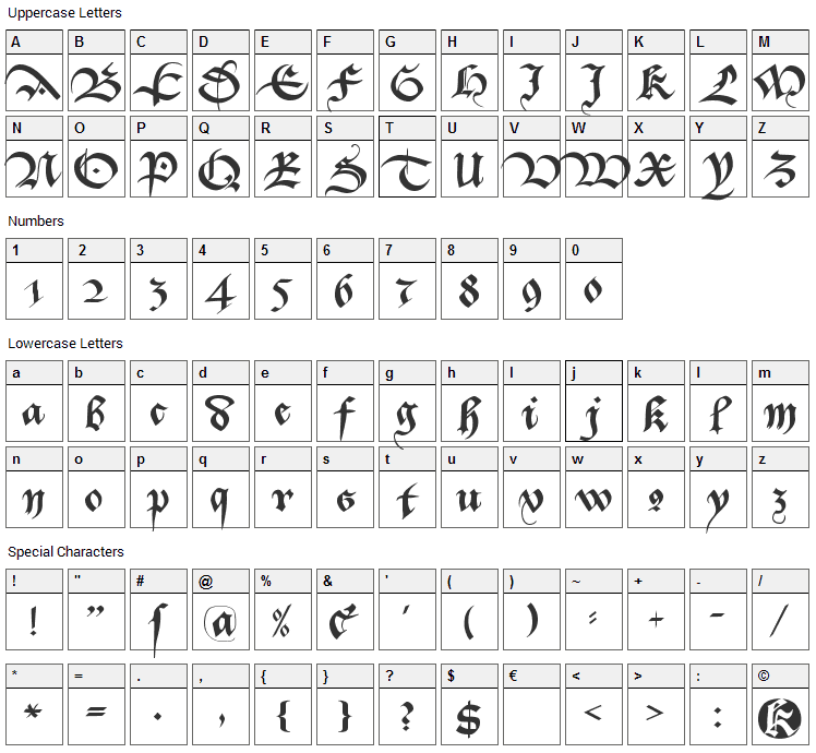 Bastarda K Font Character Map