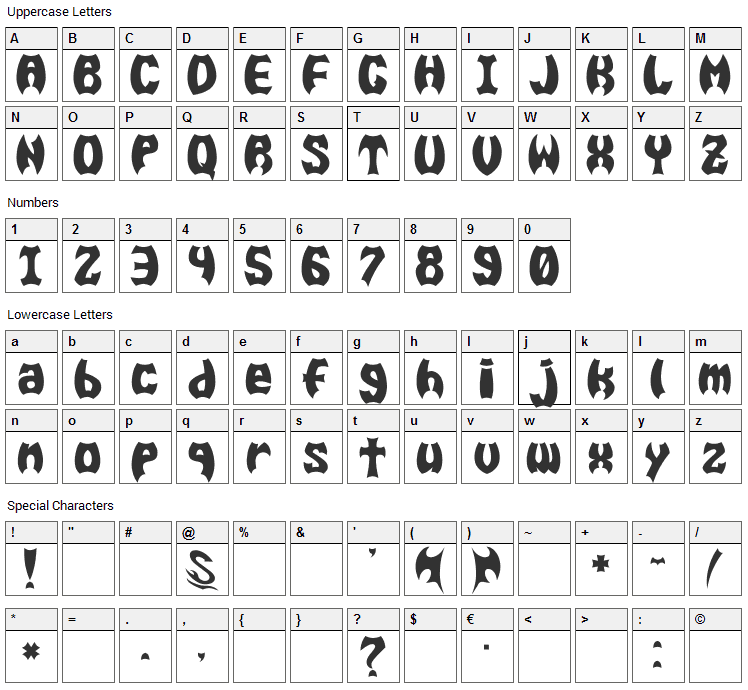 Bat Men Font Character Map