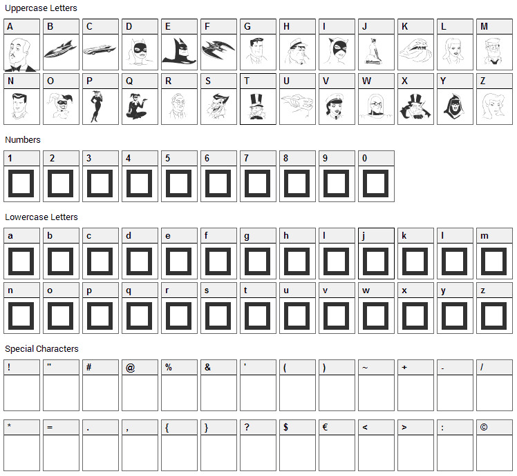 Batman Font Character Map