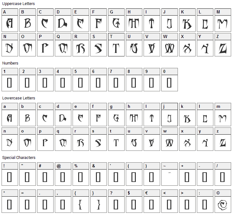 Bats & Dragons - Abaddon Font Character Map