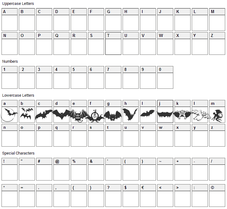 Bats Symbols Font Character Map