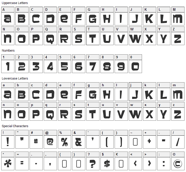 Baveuse Font Character Map
