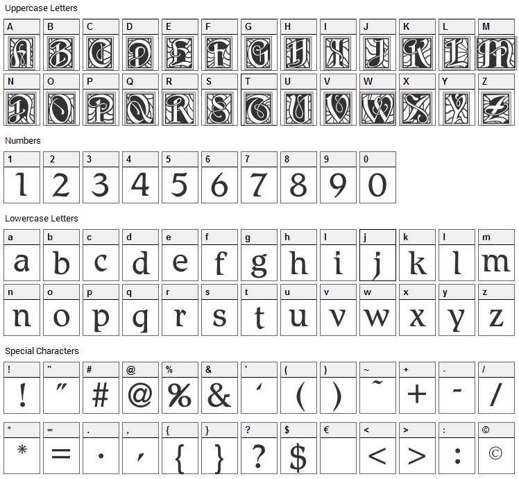 BD Renaissance Font Character Map