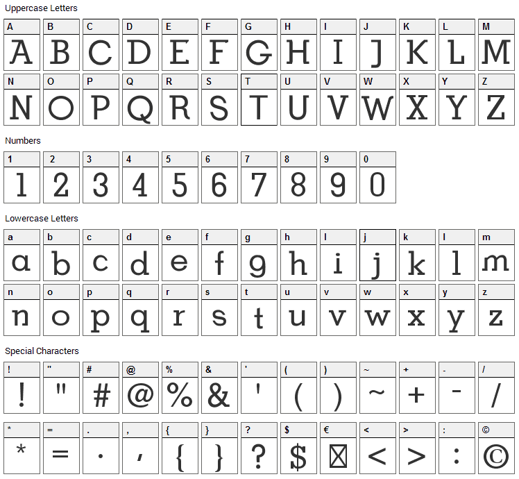 BDP OldNeo Font Character Map