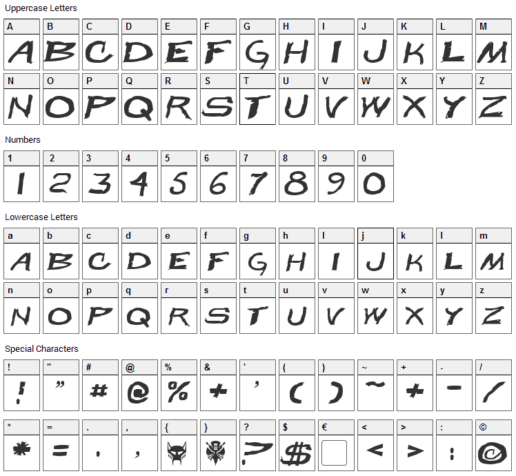 Beast Wars Font Character Map