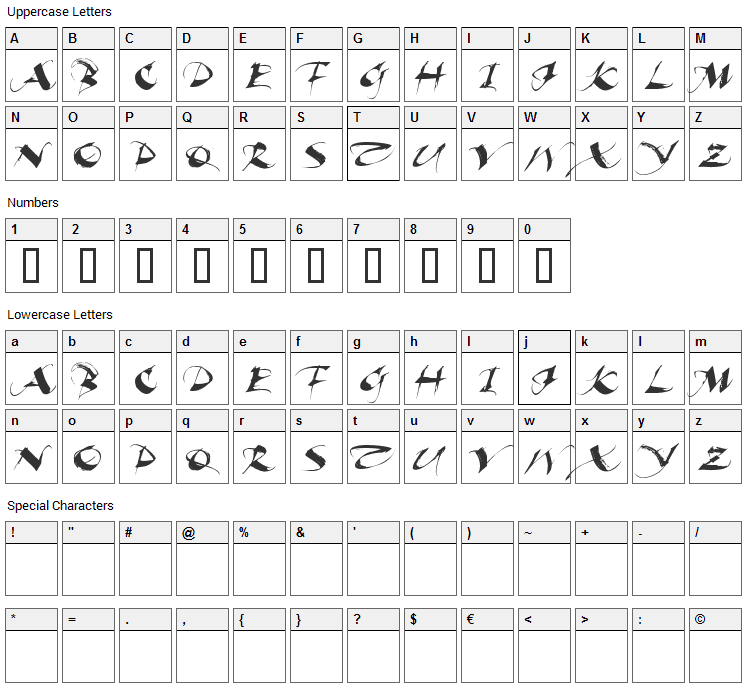 Beautiful Ink Font Character Map