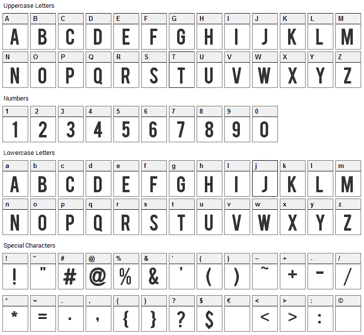 Bebas Font Character Map