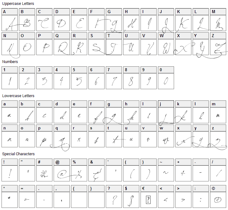 BeesAntique Handwriting Font Character Map