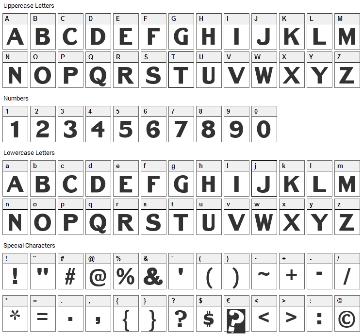 Bench Grinder Titling Font Character Map