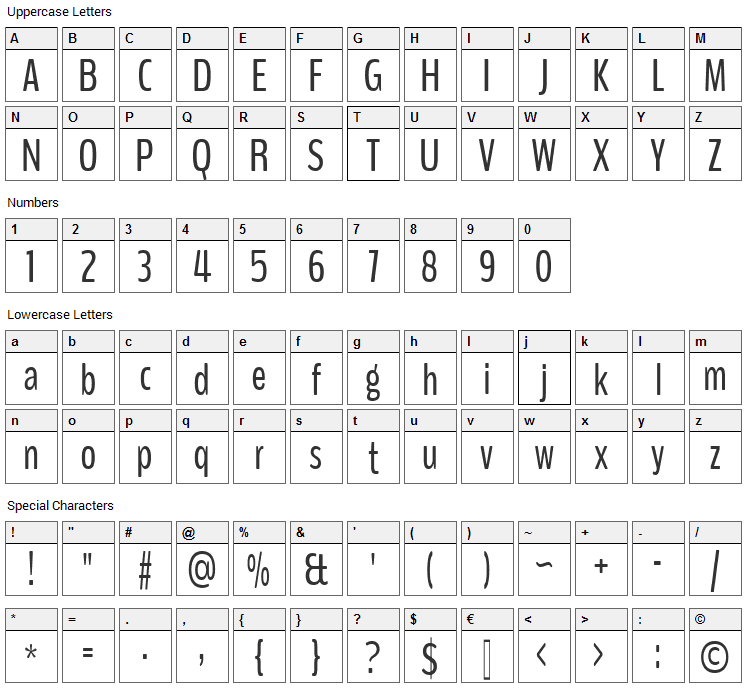 BenchNine Font Character Map