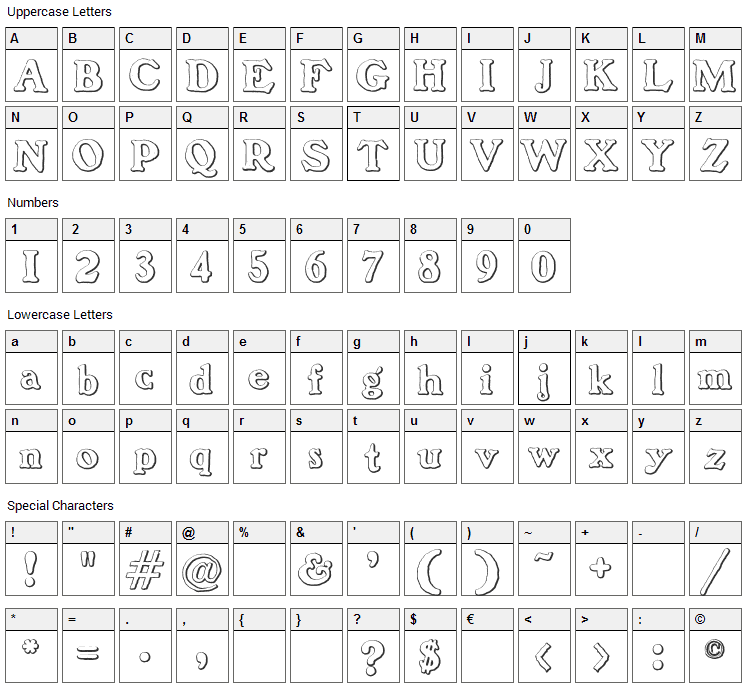 Benjamin Franklin Beveled Font Character Map