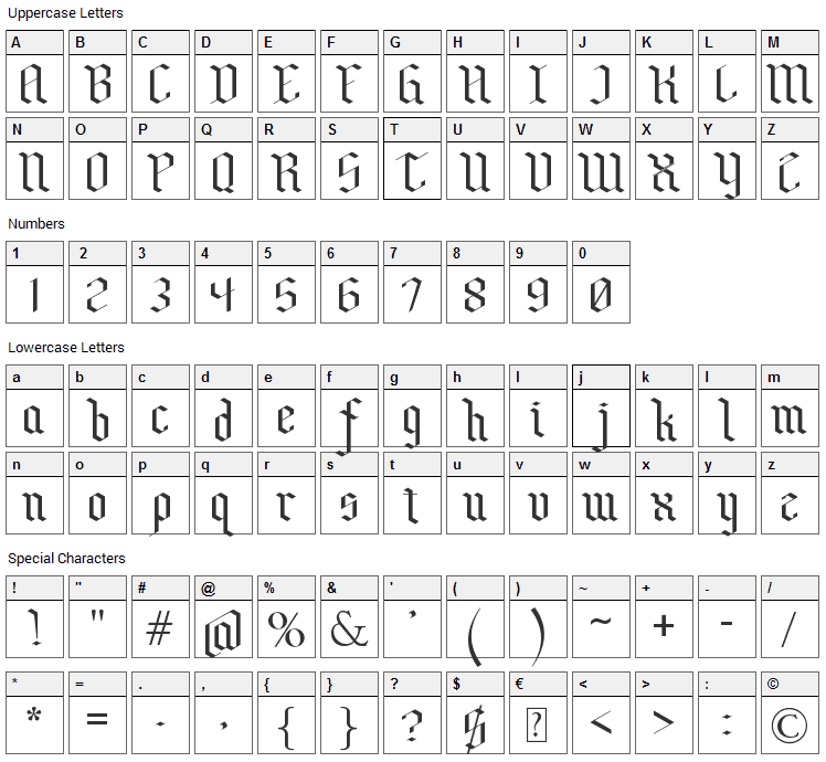 Bensch Gothic Font Character Map