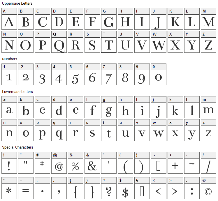 Bentham Font Character Map