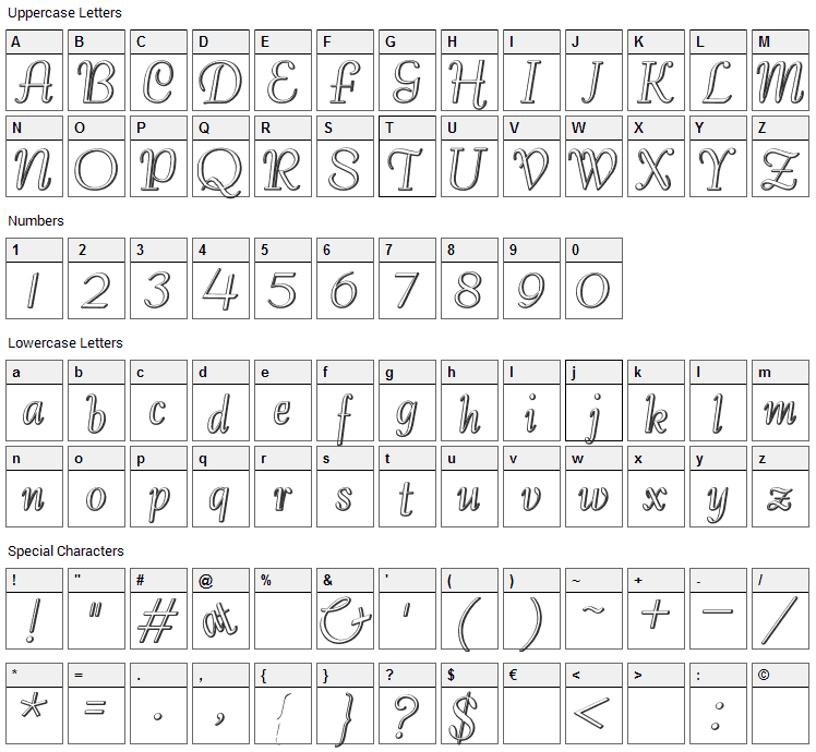 Bernardo Beveled Font Character Map