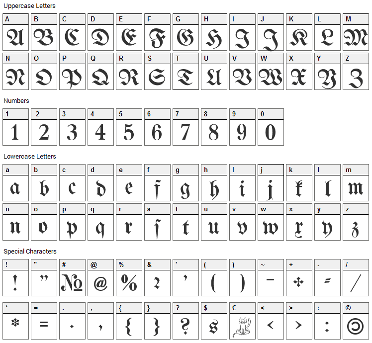 Bertholdr Mainzer Fraktur Font Character Map