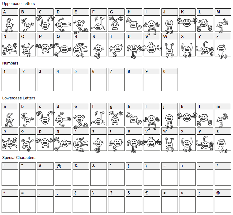 Between my ears Font Character Map