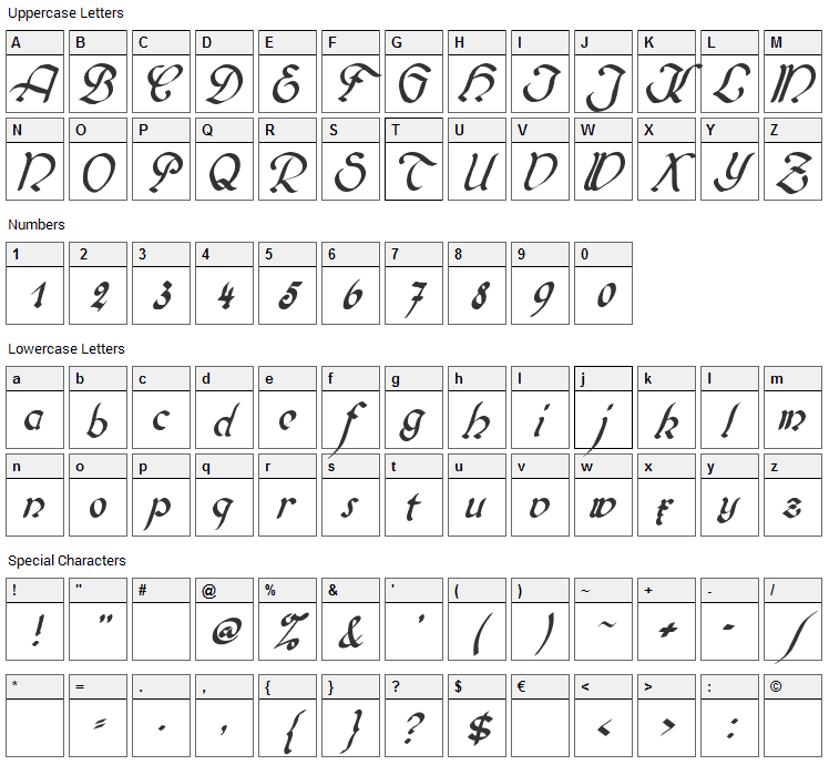 Biedermeier Kursiv Font Character Map
