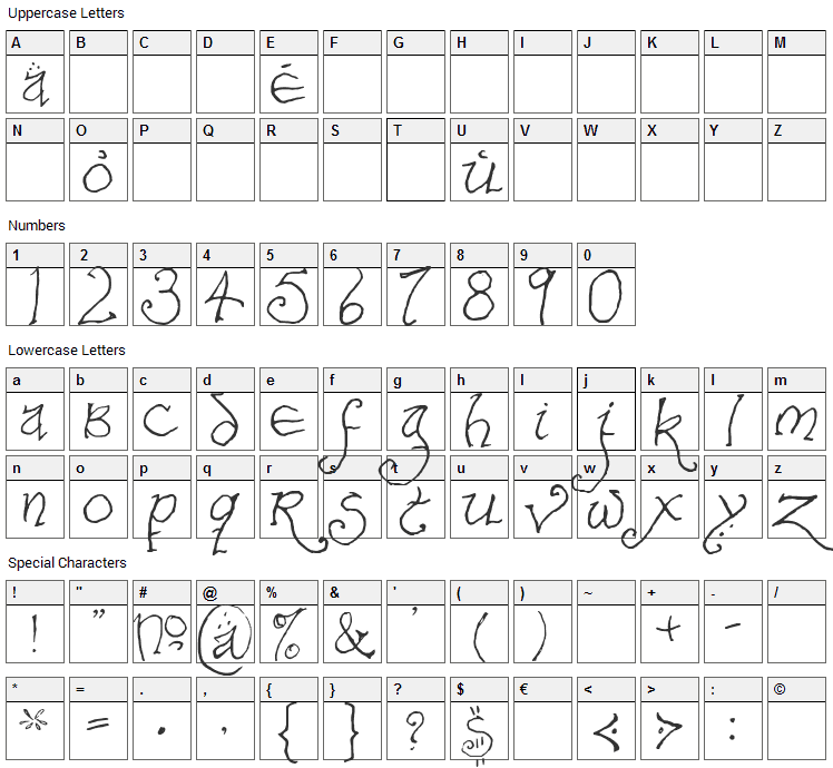 Bilbo Hand Font Character Map