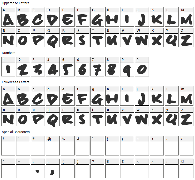 Billie BoldHand Font Character Map