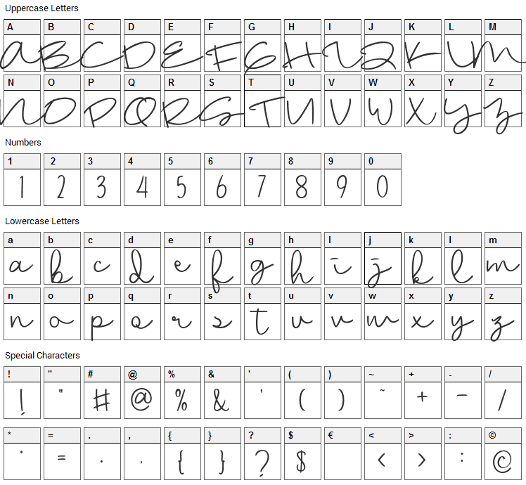 Billmore Font Character Map