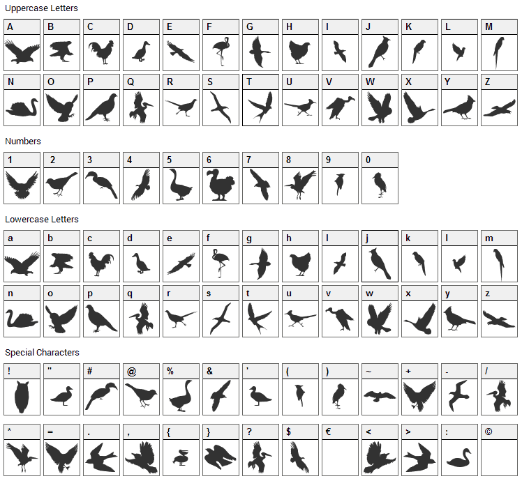 Birds of a Feather Font Character Map