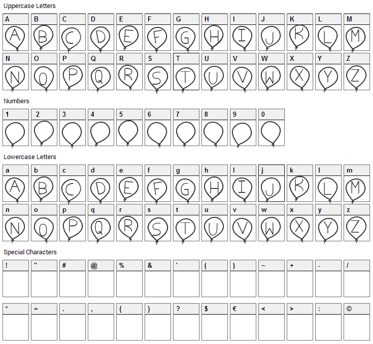 Birthday Balon Font Character Map