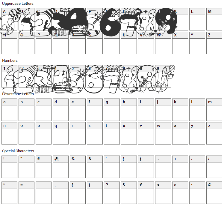 Birthday Digits Font Character Map