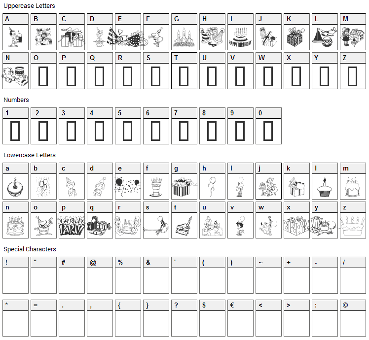 Birthdaze Font Character Map