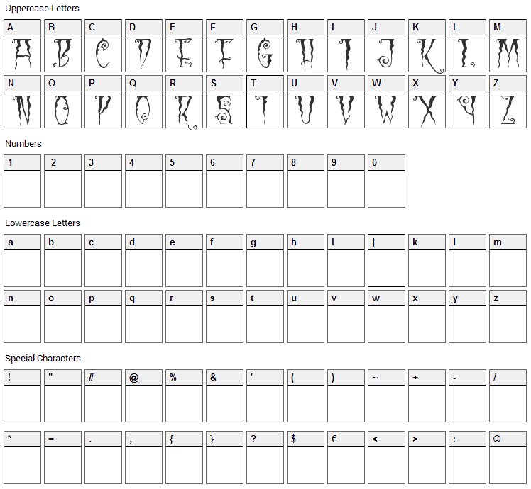 Black Cow Font Character Map