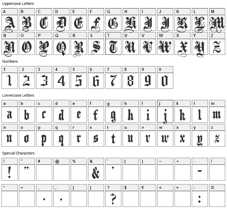 Black family Font Character Map