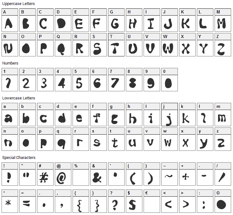 Black ink Font Character Map