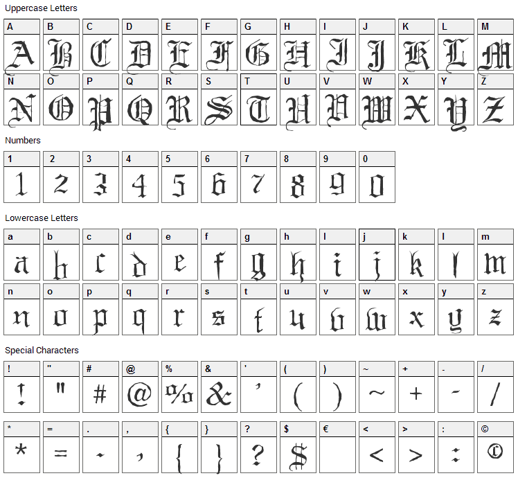 Black Night Font Character Map