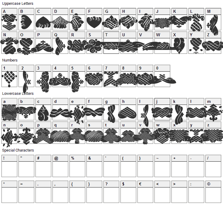 Black Ornaments Font Character Map