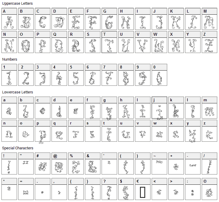 Black Roses Font Character Map