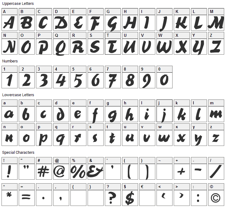 BlackNib Font Character Map