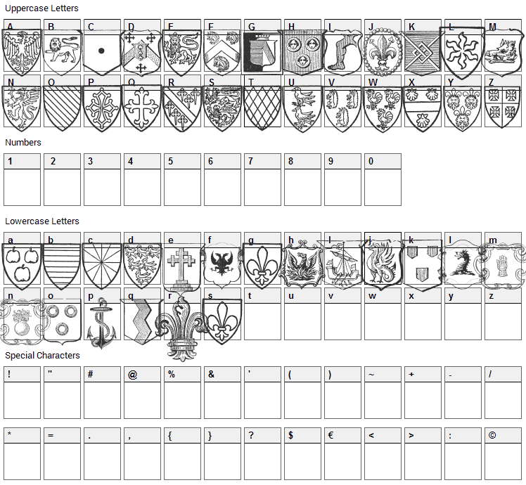 Blasons Free Font Character Map